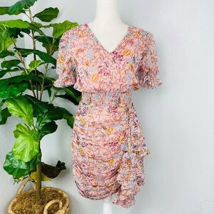 NWT WALTER BAKER FLORAL FITTED SMOCKED WAIST RUFFLE PINK PRIMROSE CHIFFON DRESS